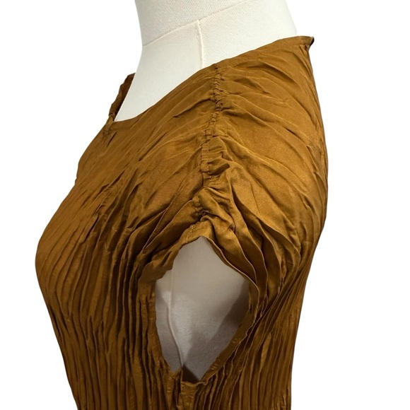 Eileen Fisher Large Bronze Crushed Silk Cap Sleeve Tiered Midi Dress NWT $388 - Picture 6 of 15